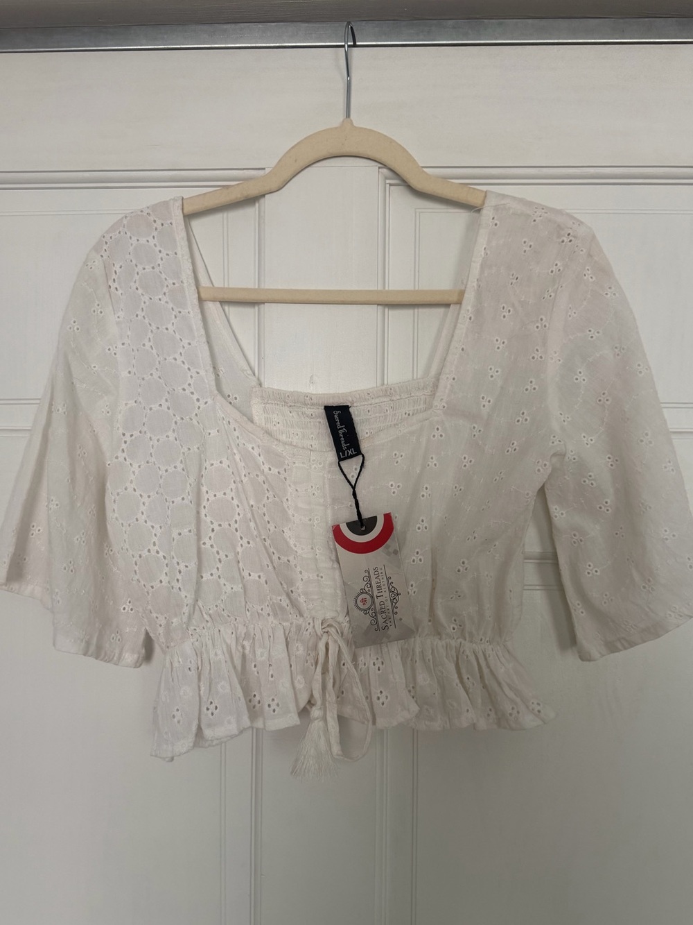 NWT | Sacred Threads White Eyelet Peplum Crop Top|  L/XL | Boho Cottagecore